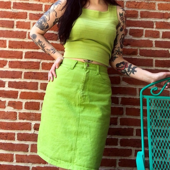 Vintage Lime Green Denim Skirt - Picture 5 of 5
